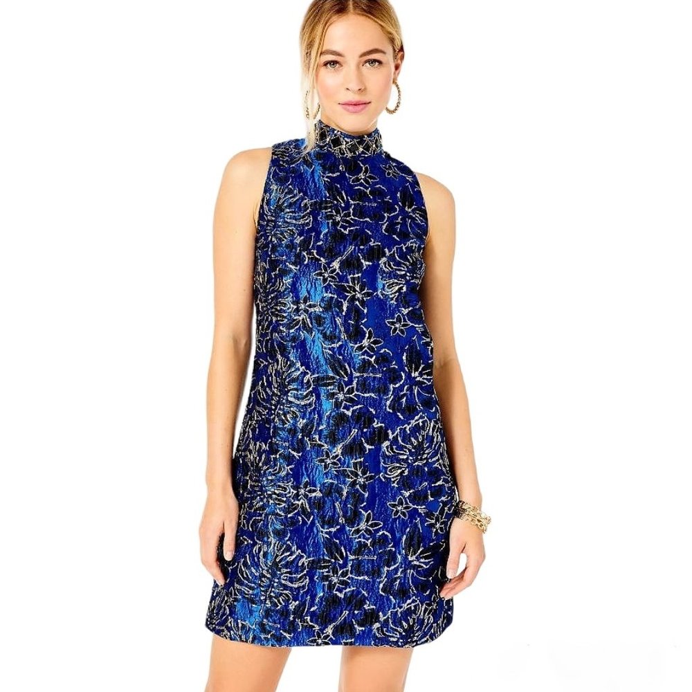 Lilly Pulitzer Brandi Shift Dress in Blue Grotto/Twilight Floral Brocade NWT - 8